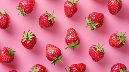 Poster - Ripe strawberries on a vibrant pink background, perfect for summer themes or healthy eating concepts