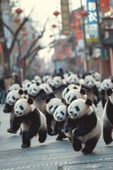 Poster - Group of panda bears running down a street, suitable for wildlife and urban concept