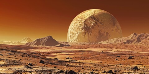Poster - A rocky landscape in the foreground with a planet in the distance. Suitable for sci-fi or space-themed designs