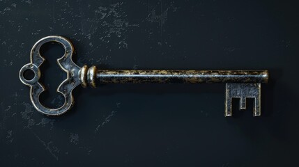 Poster - An antique key resting on a dark surface. Perfect for vintage design projects