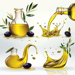 Poster - A bottle of olive oil pouring into a pile of olives. Suitable for food and cooking concepts