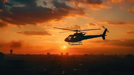 Poster - A helicopter soaring above a city skyline at sunset. Ideal for transportation and urban travel concepts
