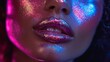 A young woman with metallic silver lips poses in studio under bright neon blue and purple lights, beautiful girl with trendy glow make up, colorful make up. We see this high fashion model wearing