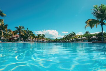 Poster - Relaxing scene with palm trees and a swimming pool. Perfect for travel brochures
