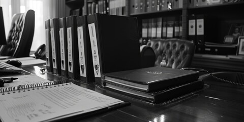 Poster - A desk with books and a laptop, suitable for educational or office concepts