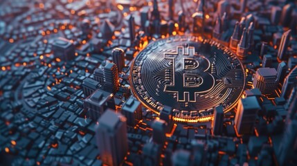 Aufkleber - A bitcoin placed in a bustling city landscape. Suitable for financial and cryptocurrency concepts