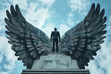 Poster - A man standing on top of a statue with wings. Suitable for various creative projects