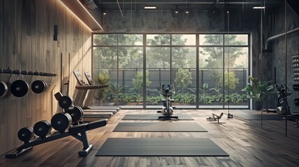 Poster - A gym room filled with exercise equipment. Perfect for fitness and health-related projects