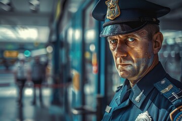 Poster - A man in a police uniform standing in front of a building. Ideal for law enforcement concepts