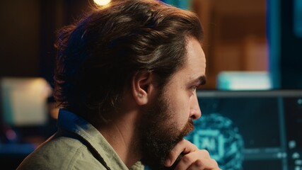 Poster - developer having complex emotions while updating artificial intelligence machine learning algorithm.