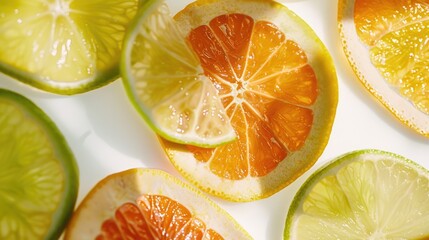 Poster - Fresh halved oranges and limes on a clean white background. Ideal for food and beverage concepts