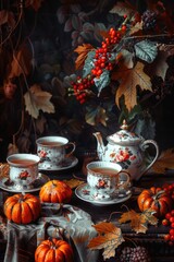 Poster - A table filled with cups and saucers of delicious food, perfect for a catering service advertisement