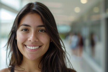 Canvas Print - Portrait of a woman with a bright smile, suitable for various projects