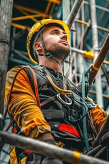 Poster - A man wearing a yellow helmet on a scaffolding. Ideal for construction industry concepts