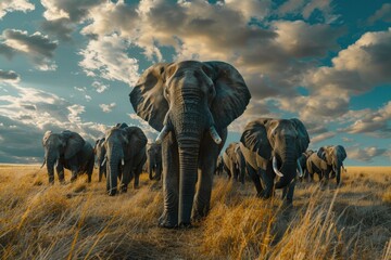 Aufkleber - Group of elephants walking across a dry grass field, suitable for wildlife and nature concepts