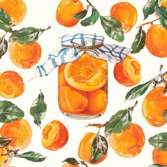 Poster - A realistic painting of a jar filled with fresh oranges and green leaves. Suitable for food and beverage related designs