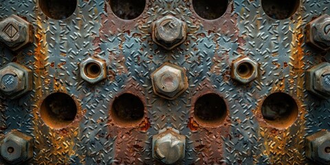 Poster - Close up of bolts and nuts on a metal surface, suitable for industrial concepts