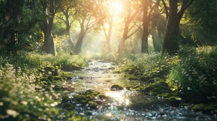 Poster - A serene stream flowing through a vibrant forest. Perfect for nature-themed projects