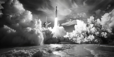 Poster - A black and white photo of a rocket taking off. Suitable for science and technology projects