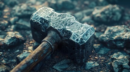 Poster - A hammer trapped in a pile of rocks, suitable for construction concept