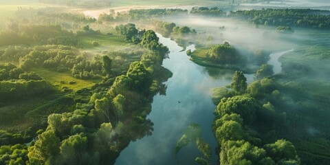 Poster - Serene river flowing through vibrant green forest, perfect for nature themes