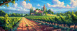 Vineyard farm in a summer day, beautiful rural landscape, panoramic view, illustration generated ai
