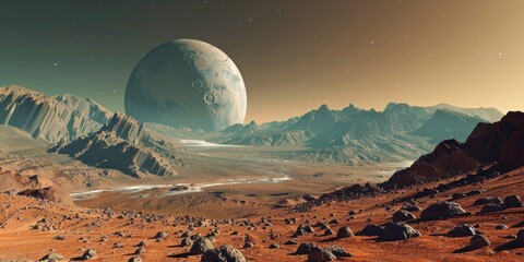 Poster - Planet seen in the distance with rocks in the foreground. Suitable for space and landscape concepts