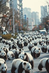 Poster - A large group of panda bears walking down a street. Suitable for wildlife and animal themes
