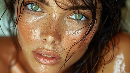 Wall Mural - Model with a tan and dark liner on her eyes lying on her long wet hair with fresh summer fashion make-up.