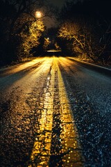Poster - A dark and wet road at night with a full moon in the sky. Suitable for backgrounds or night time scenes