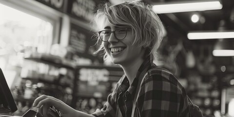 Aufkleber - A woman sitting in front of a laptop computer. Suitable for technology and remote work concepts