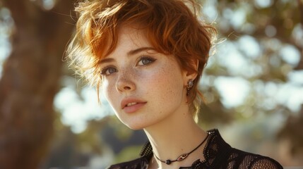 Wall Mural - A young woman wearing a red pixie crop hairstyle on the background of a studio