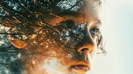 Poster - A close up of a woman's face with trees in the background. Suitable for various nature or beauty concepts