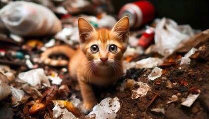 Wall Mural - A red-haired stray kitten in a landfill