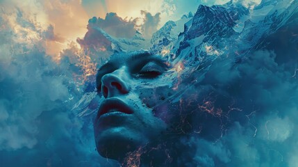 Poster - Close up of a person's face in the clouds. Suitable for various creative projects