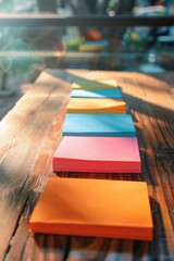 Poster - Colorful papers scattered on a wooden table. Perfect for office or school themed designs