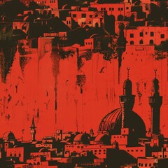 Poster - Urban skyline with dramatic red sky, perfect for city-themed designs