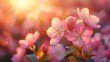 Border or background art featuring pink blossoms. Springtime landscape with a blooming tree and sun flare. Sunny day. Spring flowers. Beautiful orchard. Abstract blurred background. Spring vignette.