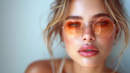 An urban chic beauty model poses in fashionable clothes and heart-shaped sunglasses on a white background. A stylish blonde woman poses in fashionable clothes and wears beauty accessories.