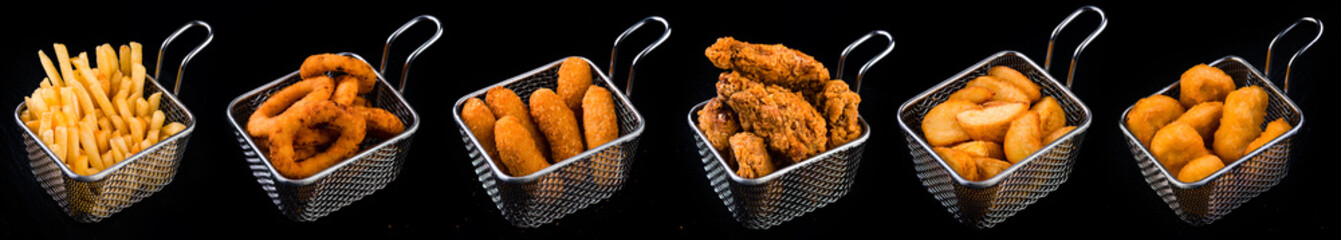 Sticker - deep-fried street food - French fries, nuggets, wings, cheese sticks and onion rings