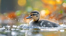   A Duck Floats On Tranquil Water Beside A Vibrant Tree Its Leaves Are A Lush Blend Of Green And Orange