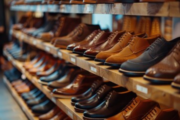 Aufkleber - A row of men's shoes displayed on a shelf. Suitable for fashion or retail concepts