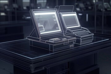 Poster - Image of two laptops placed on a table, suitable for technology concept