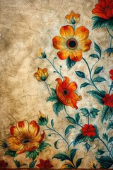 Poster - Vibrant painting of flowers and leaves on a wall, perfect for interior design projects