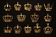 A collection of gold crowns on a black background. Ideal for luxury and royal-themed designs