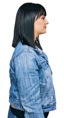 Poster - Young hispanic woman wearing casual clothes looking to side, relax profile pose with natural face with confident smile.