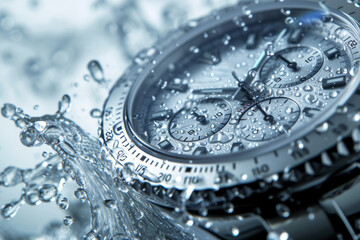 Wall Mural - Silver luxury men's watch close up with water splash and water drops close up with space for text or inscriptions. Advertising or banner for a watch shop
