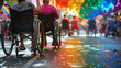 Inclusive happy disabled wheelchair users celebrating pride  LGBTQ+ street parade waving rainbow flags confetti. Gay people handicapped disability partying queer non-binary crowd Inclusion diversity