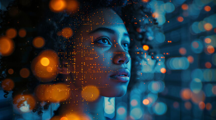 Wall Mural - AI cyber security threat concept, female african american IT specialist analysing futuristic holographic data information. blue & orange colour, sugmented reality artificial intelligence illustration 