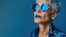 Stylish Senior Woman With Blue Hair And Matching Lipstick